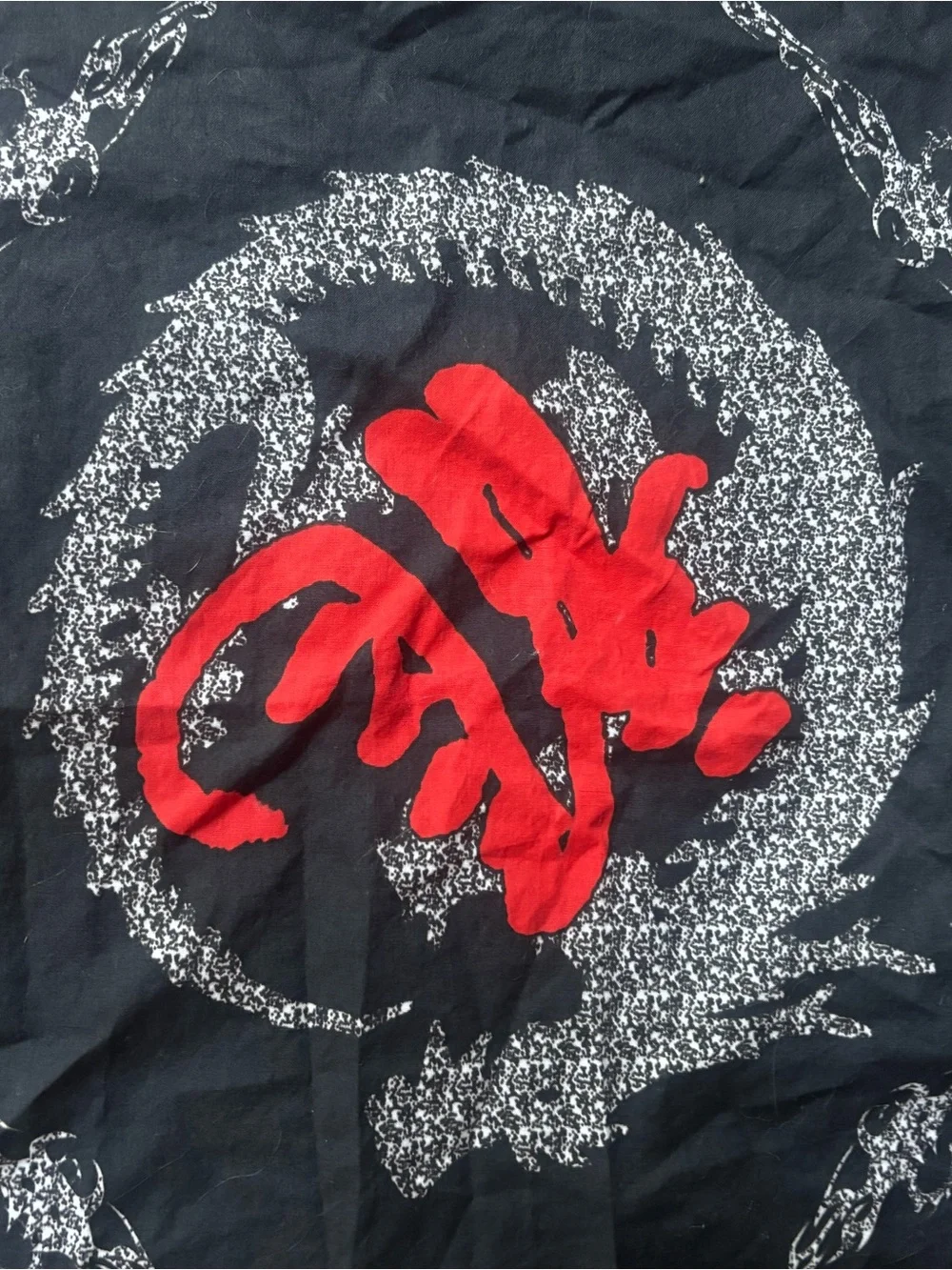 Black Bandana Scarf with Red Chinese Character and Silver Sparkle Design